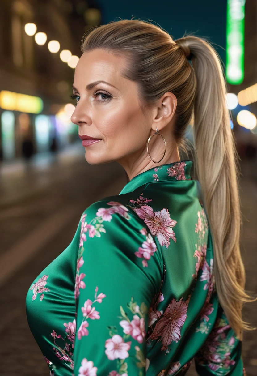 Close-up, 8K quality, realistic image of a beautiful 45 year old European woman with long blonde hair tied back in a ponytail. She had a curvy body with slightly larger breasts and was wearing a green floral patterned blouse and a short skirt. He stood in the city at night, with the soft city lights illuminating him. The background features city buildings, street lights, and a vibrant night scene, highlighting its calm and elegant presence in the urban environment.