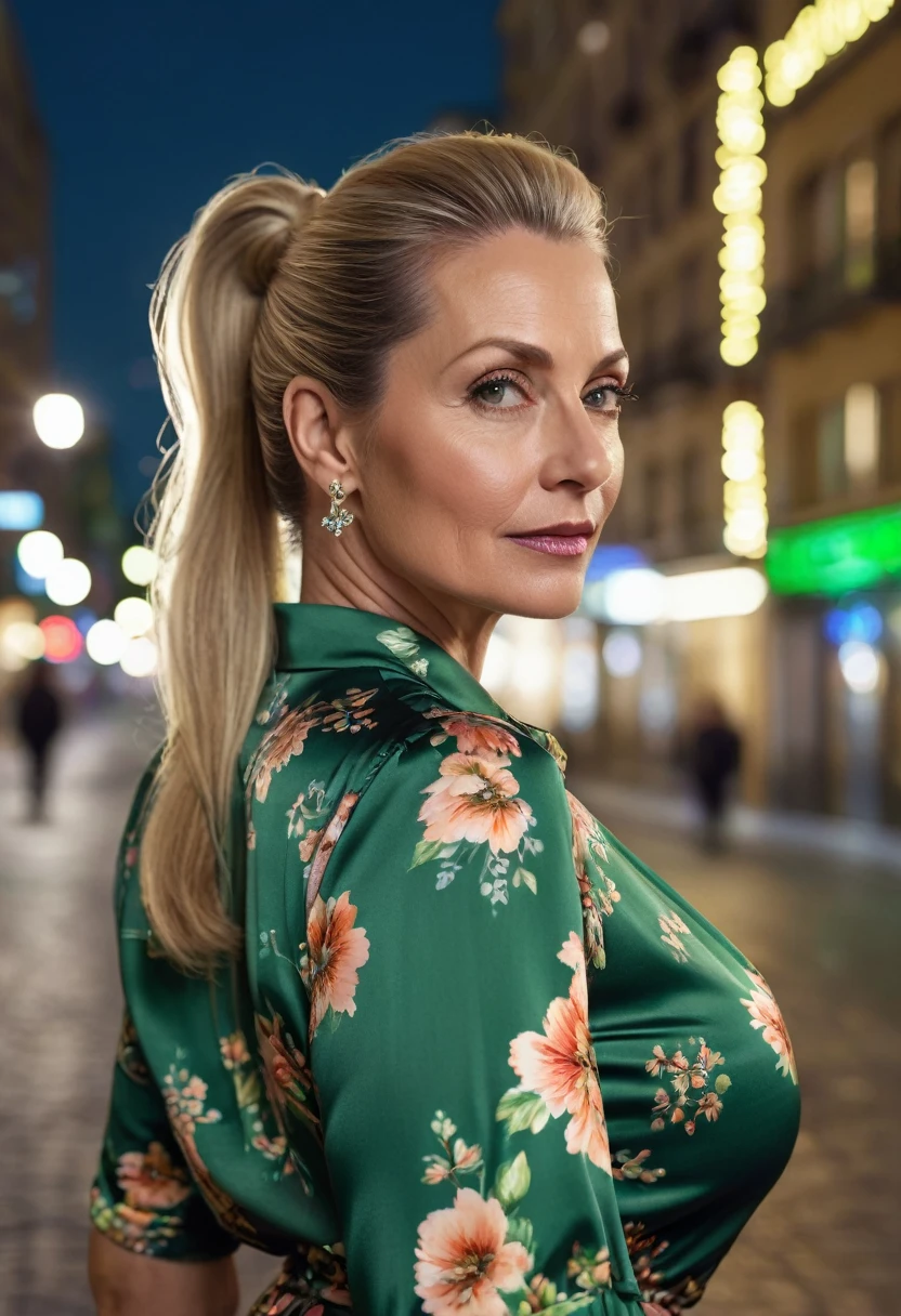 Close-up, 8K quality, realistic image of a beautiful 45 year old European woman with long blonde hair tied back in a ponytail. She had a curvy body with slightly larger breasts and was wearing a green floral patterned blouse and a short skirt. He stood in the city at night, with the soft city lights illuminating him. The background features city buildings, street lights, and a vibrant night scene, highlighting its calm and elegant presence in the urban environment.