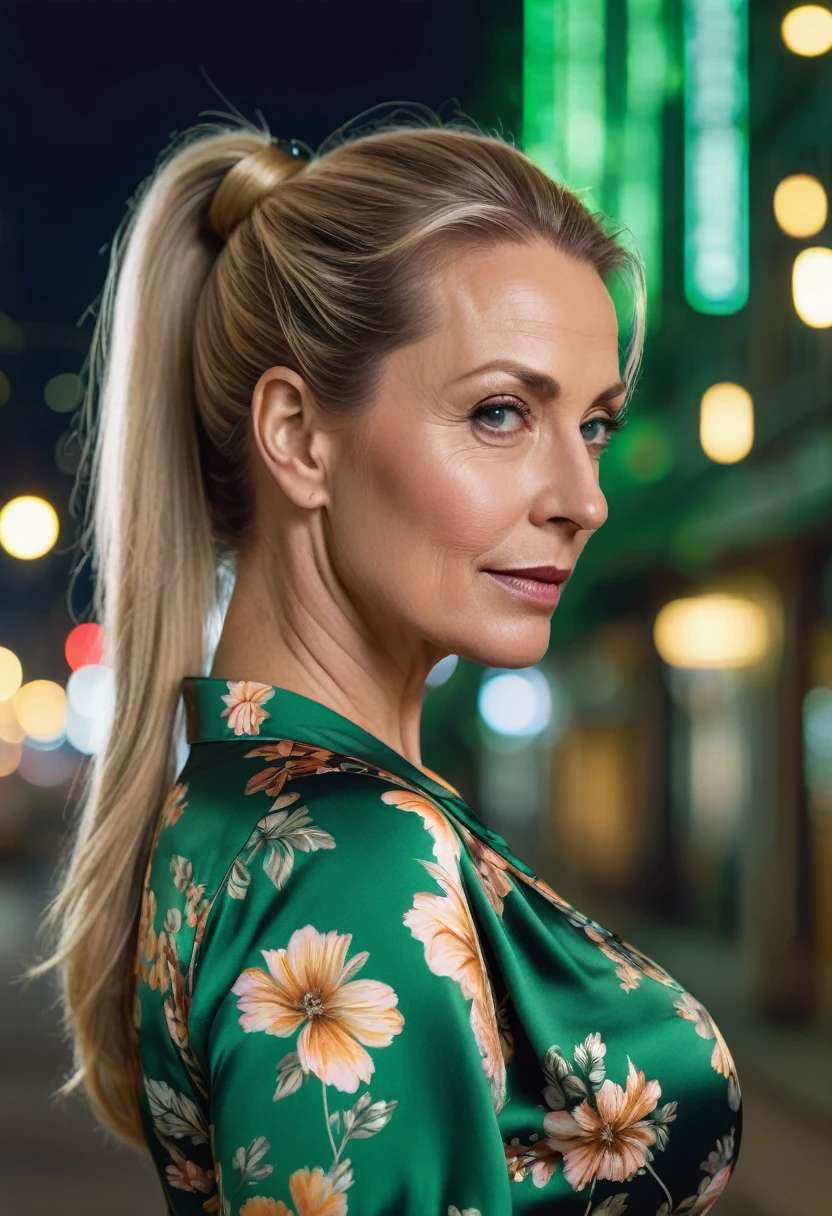 Close-up, 8K quality, realistic image of a beautiful 45 year old European woman with long blonde hair tied back in a ponytail. She had a curvy body with slightly larger breasts and was wearing a green floral patterned blouse and a short skirt. He stood in the city at night, with the soft city lights illuminating him. The background features city buildings, street lights, and a vibrant night scene, highlighting its calm and elegant presence in the urban environment.