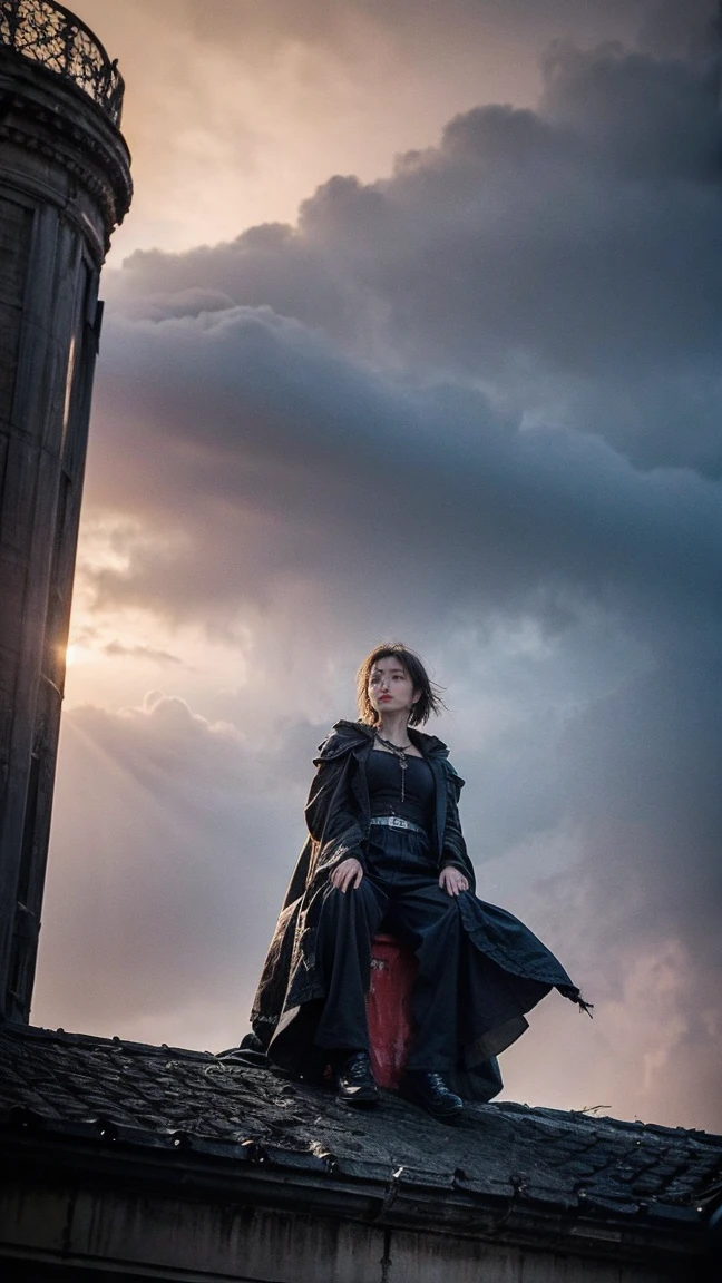 21yo girl with short dark hair and a tattered grey cloak, black pants. she hovering in the air, hands clasped, on top of a building in a gothic fantasy city. the sky has a red glow and ash is falling.