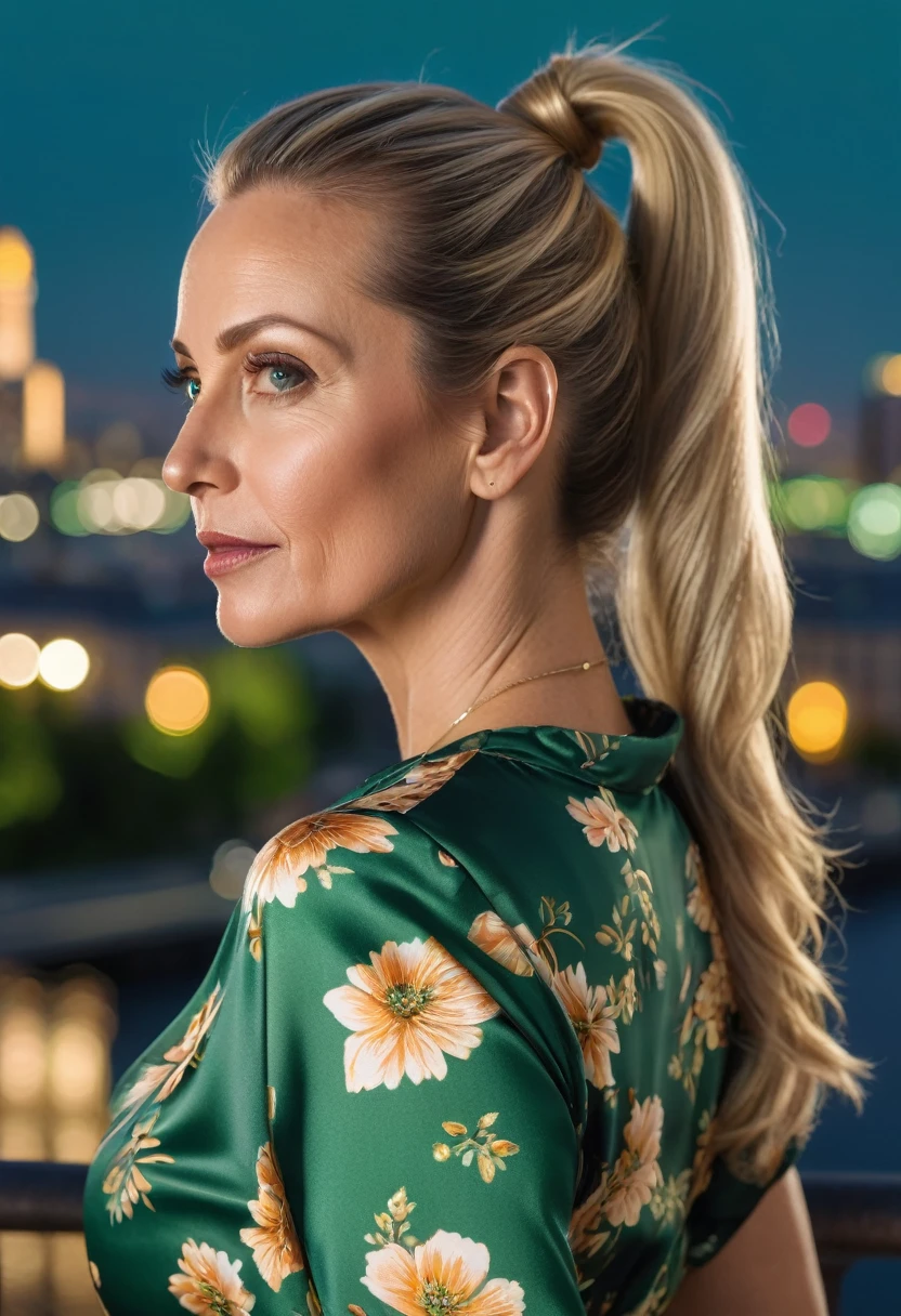 Close-up, 8K quality, realistic image of a beautiful 45 year old European woman with long blonde hair tied back in a ponytail. She had a curvy body with slightly larger breasts and was wearing a green floral patterned blouse and a short skirt. He stood in the city at night, with the soft city lights illuminating him. The background features city buildings, street lights, and a vibrant night scene, highlighting its calm and elegant presence in the urban environment.