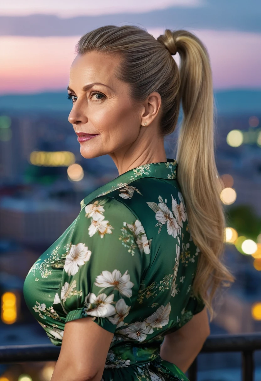 Close-up, 8K quality, realistic image of a beautiful 45 year old European woman with long blonde hair tied back in a ponytail. She had a curvy body with slightly larger breasts and was wearing a green floral patterned blouse and a short skirt. He stood in the city at night, with the soft city lights illuminating him. The background features city buildings, street lights, and a vibrant night scene, highlighting its calm and elegant presence in the urban environment.