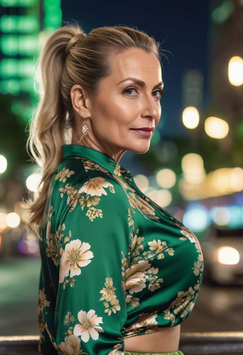 Close-up, 8K quality, realistic image of a beautiful 45 year old European woman with long blonde hair tied back in a ponytail. She had a curvy body with slightly larger breasts and was wearing a green floral patterned blouse and a short skirt. He stood in the city at night, with the soft city lights illuminating him. The background features city buildings, street lights, and a vibrant night scene, highlighting its calm and elegant presence in the urban environment.