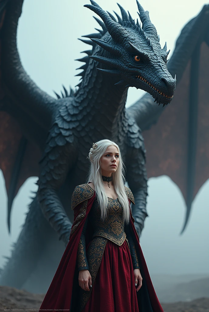 Alicia Agneson as a Targaryen with a large dragon, black, blue and purple