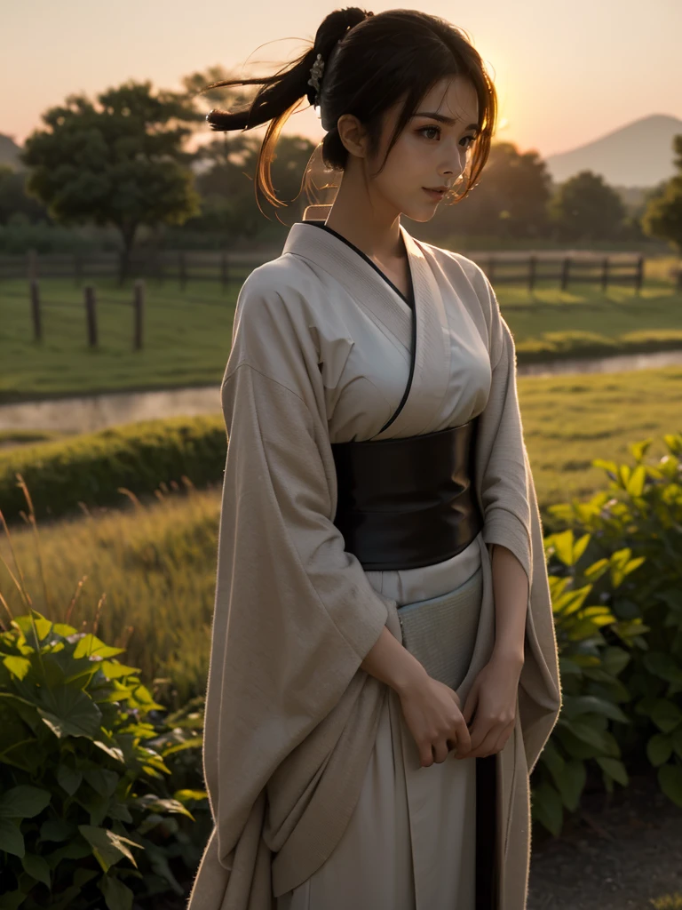 A lone samurai woman standing in a tranquil field during dusk, inspired by the Sengoku period of Japan. She wears traditional black and dark brown samurai attire, including a loose robe (kimono-style) with wide sleeves, tied with a dark obi around her waist. Her hair is tied up in a traditional warrior style, with a calm yet resolute expression on her face. The scene has a soft, muted color palette with earthy tones, capturing the serenity of the moment. The background is simple, with soft, fading light in the sky, silhouetting her figure against the evening glow. Birds are flying in the distance, and the overall mood is one of quiet contemplation and strength."Additional Parameters:Style: Realistic, slightly stylized with a soft, muted color paletteLighting: Dusk lighting, soft and warm with fading sunlightColors: Dark black and brown tones for the attire, earthy tones for the environment, muted hues overallComposition: The samurai woman centered, with a minimalistic background that highlights her attire and silhouetteEnvironment: Quiet field during dusk, with birds in the distance and a serene atmosphere