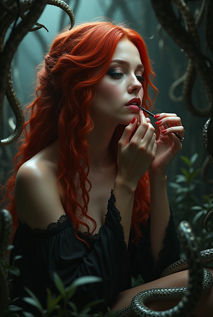 Red-haired snake woman,in a black snake's den,putting on makeup