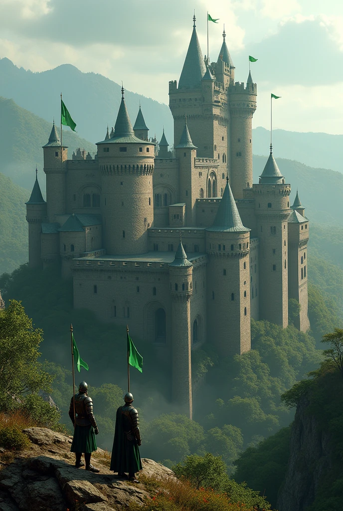 Draw a medieval fortress, Dedicated to a Paladin. with green flags and many soldiers. far view, pan. 8k style Game of Thrones