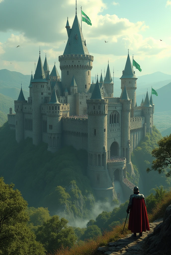 Draw a medieval fortress, Dedicated to a Paladin. with green flags and many soldiers. far view, pan. 8k style Game of Thrones
