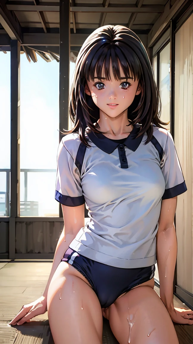 Teacher and female student have sex、Realisticistic beautiful female student、、Amazingly beautiful、smile、Beautiful body、(Highest quality、8k、32K、masterpiece、Hmph:1.3)、Ultra-high resolution,(Realistic:1.4),RAW Photos, Detailed face,,Beautiful Hair,, ,Very short hair 、Very short hair、Amazingly beautiful二重まぶた、 Natural Makeup,, Small and perfect breasts, Wet Hair、Detailed Background, Perfect lighting, Written boundary depth, Beautiful shadow gradation、Thin limbs、Thin thighs、(whole body)、(Bloomers, Bloomersー(old japanese gym clothes))、Beautiful slim perfect body、Beautiful high nose、Side view、Mid-chest、Bloomersー、Drenched in sweat、(Yoshizuki Iori)、Outdoor、Schoolyard、ground、Schoolyard