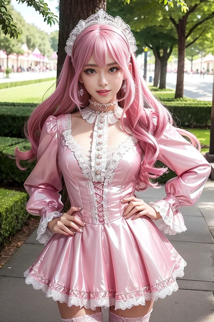 sexy stylish Swedish model, only 1 female, ((doll-like appearance)), long neon pink stylish hair, ((shiny Victorian-Style boots)), (big smile), ultra detailed eyes, vivid eye makeup, lipgloss, long lashes, defined eyebrows, ((sexy Paradise Kiss cosplay)), bell-shaped skirt, petticoats, high neckline, puffed sleeves, ((ultra detailed lace)), ((ultra detailed embroidery)), intricate details, Paradise Kiss accessoires and matching headpiece, choker, ((large sparkling Paradise Kiss jewelry)), cinematic light, detailed large park background with trees