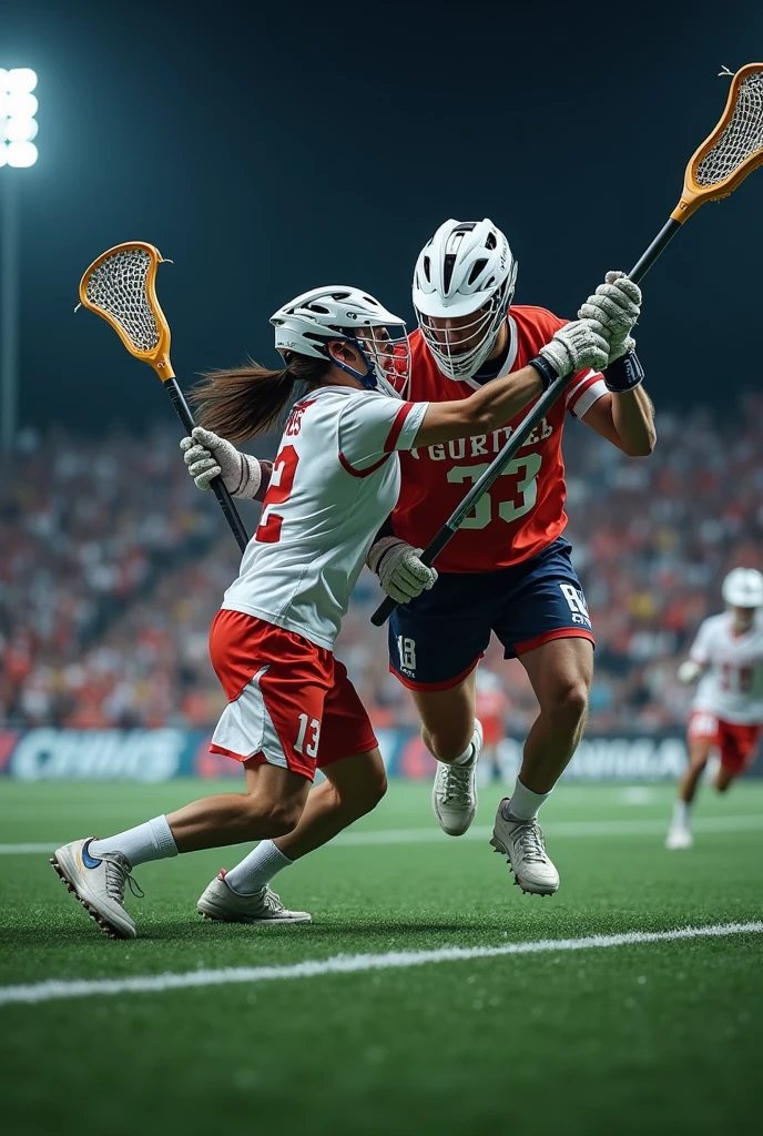 A confrontation between two lacrosse players, with one trying to maintain possession of the ball while being pressed by opponents. Show the aggressive movement and tension of the moment.Realista,cinematic,8k