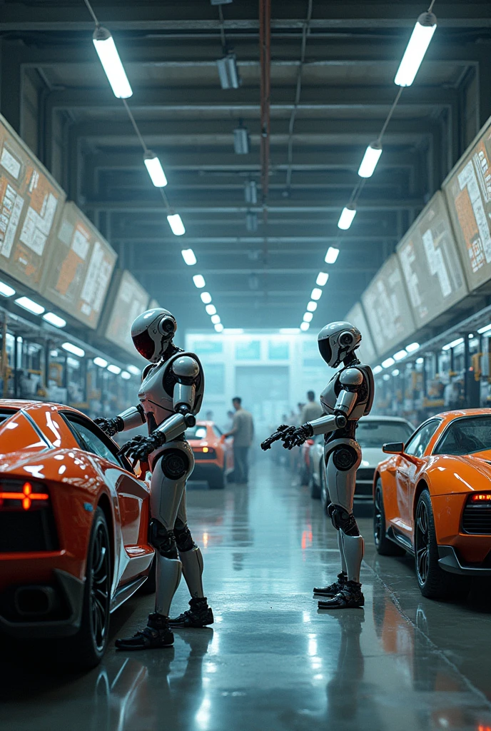 Create the front of a robot workshop repairing vehicles, a workshop with lots of technology and beautiful