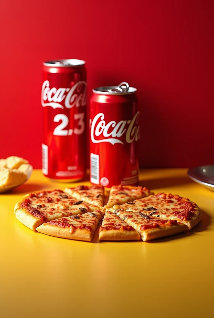 photo of pizza with two cokes in the background for 129,99 reais red and yellow for an Instagram post show the price of 129,99 reais, as if it were an ad
