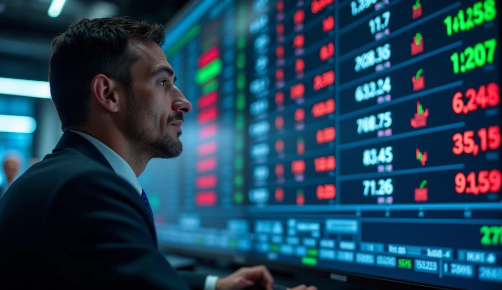"Stock market board showing major Brazilian companies like Vale, Itaú, and Petrobras with a professional trader analyzing the data, ar 16:9"