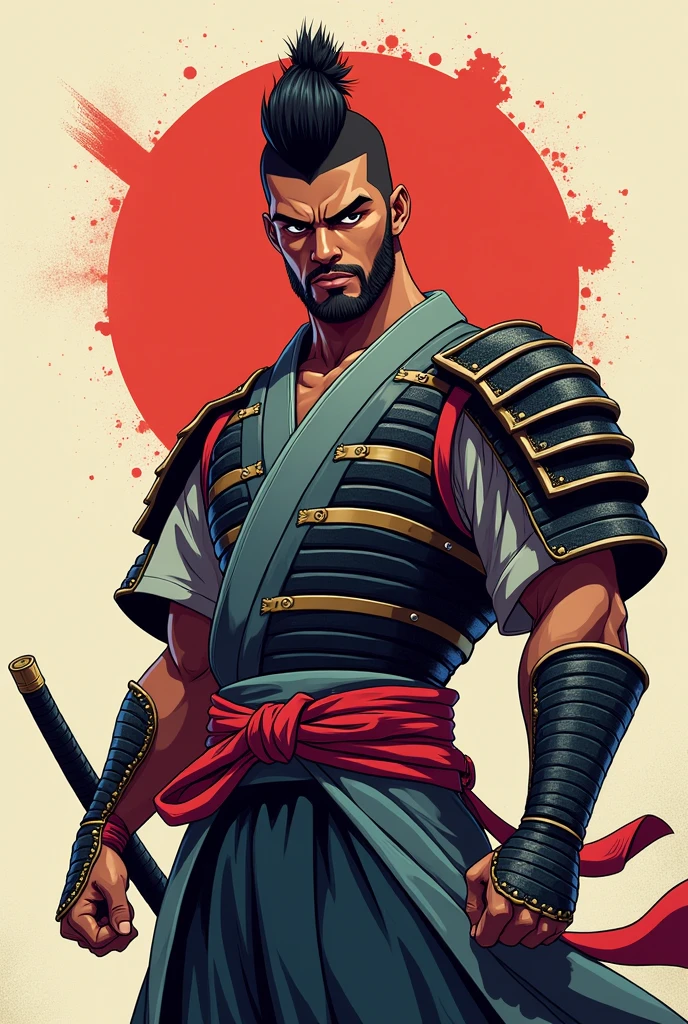 A black male japanese character wearing a samurai attire with a taper fade in a cartoon art style 