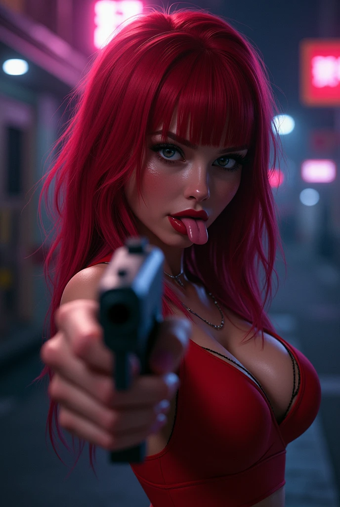 red hair girl, dark skin tone, with a mischievous smile and tongue sticking out, Red sexy clothes, Pointing a gun at the camera, a night with lighting tones pulled towards purple and a little bit of blue, artwork style: realisitic