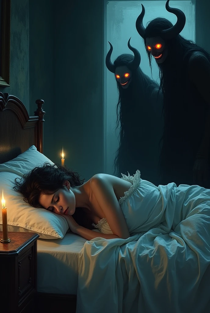 Couple sleeping and demon woman and man watching them