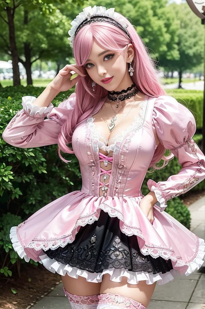 sexy stylish Swedish model, only 1 female, ((doll-like appearance)), long neon pink stylish hair, ((shiny Victorian-Style boots)), (big smile), ultra detailed eyes, vivid eye makeup, lipgloss, long lashes, defined eyebrows, ((sexy Paradise Kiss cosplay)), bell-shaped skirt, petticoats, high neckline, puffed sleeves, ((ultra detailed lace)), ((ultra detailed embroidery)), intricate details, Paradise Kiss accessoires and matching headpiece, choker, ((large sparkling Paradise Kiss jewelry)), cinematic light, detailed large park background with trees