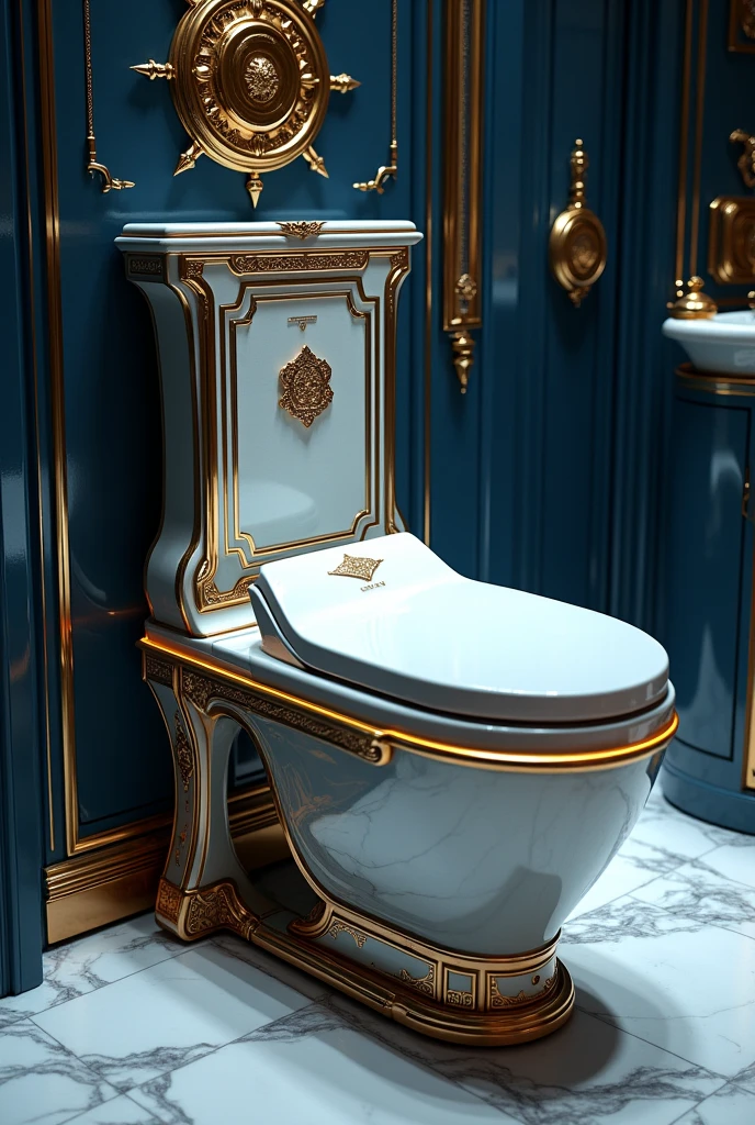 Create an image of a luxurious, elegant toilet with a completely new design that combines futuristic innovation with royal, imperial aesthetics. The toilet should feature a sleek, modern shape with high-tech elements like touchless controls, LED lighting, and an integrated smart system. The design should also include regal details such as gold or chrome accents, intricate carvings, and possibly a cushioned backrest with royal motifs. Incorporate a comfortable footrest that supports an ergonomic seating position. The overall look should merge advanced technology with opulent materials like polished porcelain, marble, and velvet, using a color palette of deep blues, silvers, and golds to convey both luxury and cutting-edge innovation.