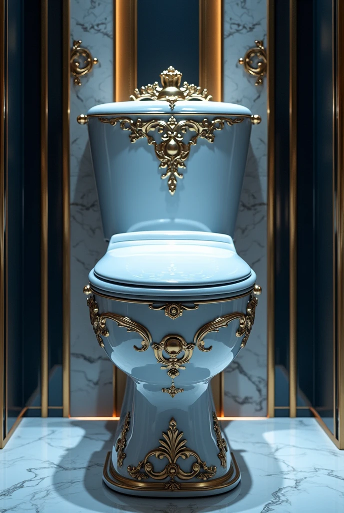 Create an image of a luxurious, elegant toilet with a completely new design that combines futuristic innovation with royal, imperial aesthetics. The toilet should feature a sleek, modern shape with high-tech elements like touchless controls, LED lighting, and an integrated smart system. The design should also include regal details such as gold or chrome accents, intricate carvings, and possibly a cushioned backrest with royal motifs. Incorporate a comfortable footrest that supports an ergonomic seating position. The overall look should merge advanced technology with opulent materials like polished porcelain, marble, and velvet, using a color palette of deep blues, silvers, and golds to convey both luxury and cutting-edge innovation.
