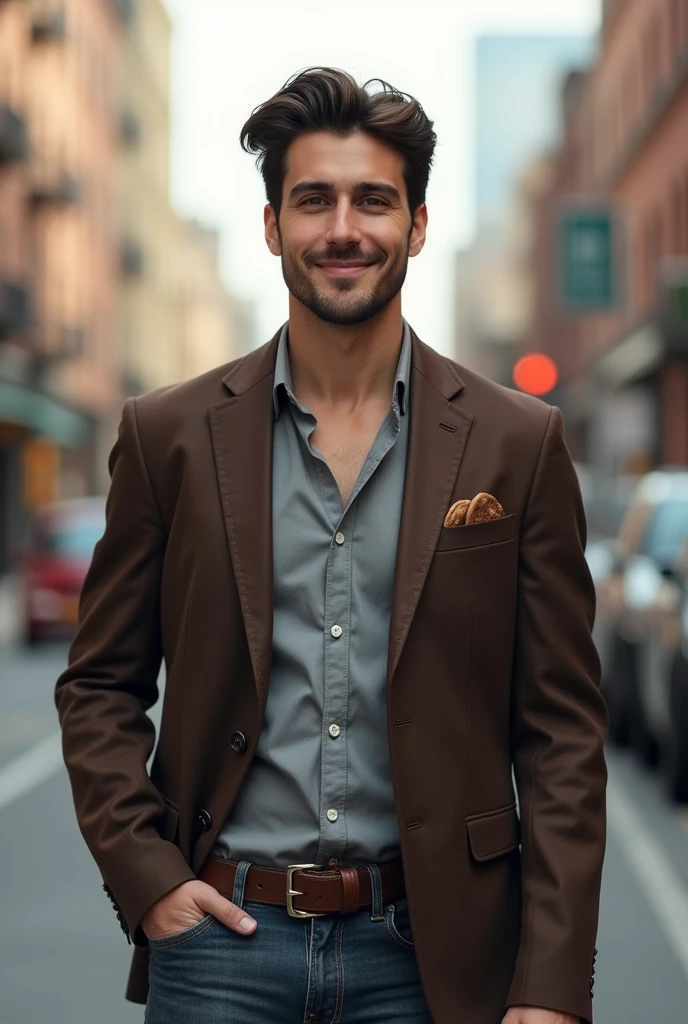 A  young handsome american man, well dressed, little smile on face, looking in camera, on road