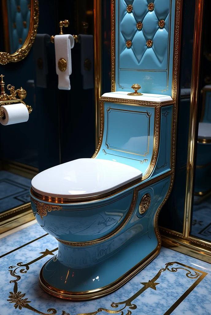 Create an image of a luxurious, elegant toilet with a completely new design that combines futuristic innovation with royal, imperial aesthetics. The toilet should feature a sleek, modern shape with high-tech elements like touchless controls, LED lighting, and an integrated smart system. The design should also include regal details such as gold or chrome accents, intricate carvings, and possibly a cushioned backrest with royal motifs. Incorporate a comfortable footrest that supports an ergonomic seating position. The overall look should merge advanced technology with opulent materials like polished porcelain, marble, and velvet, using a color palette of deep blues, silvers, and golds to convey both luxury and cutting-edge innovation.