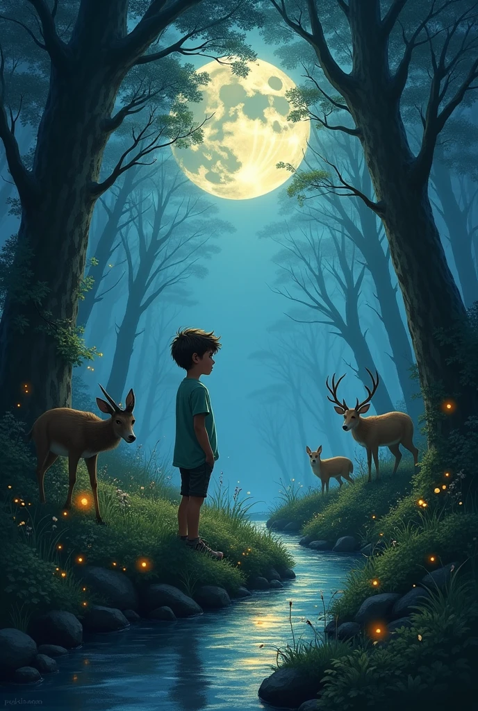 The boy stands with his back to the forest, lit by the moon, fireflies, a stream, and many wild animals.