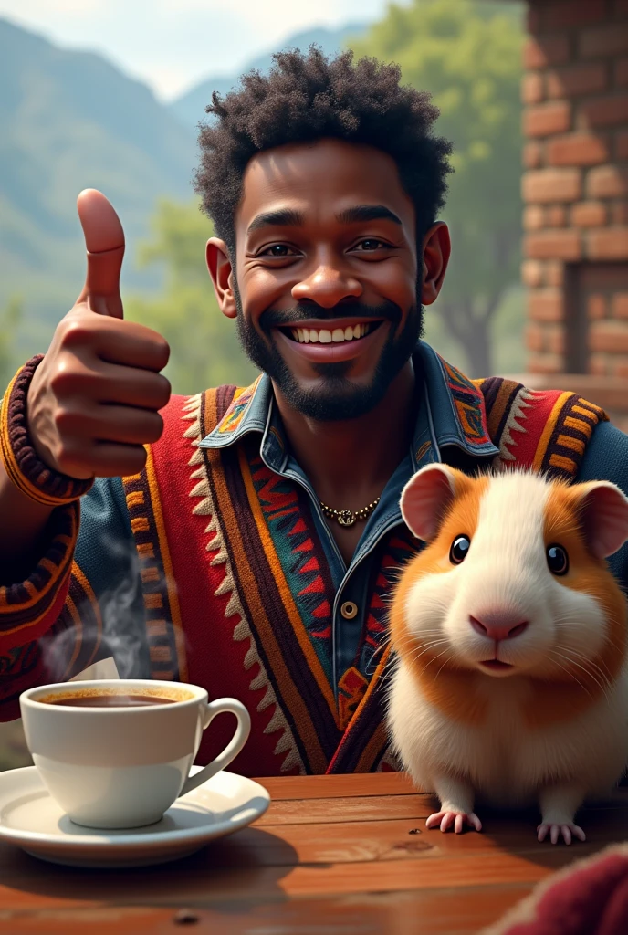 Andean guinea pig, coffee and black man with a poncho giving a thumbs up.