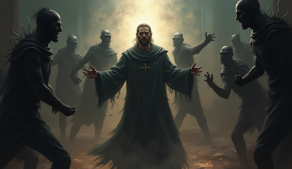 Normal Christian resisting the demons tremble in fear