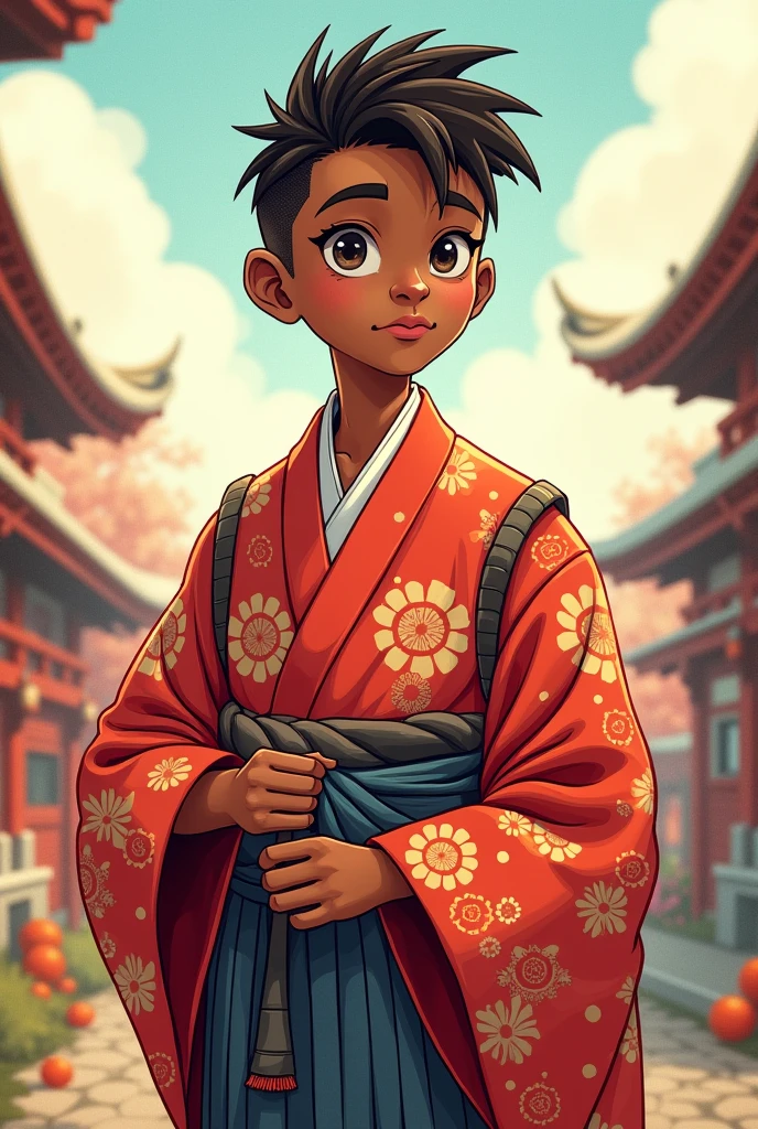 A 14 yr old black male japanese character wearing a yamamotos kimono attire with a taper fade in a cartoon art style