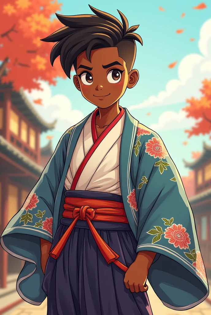 A 14 yr old black male japanese character wearing a yamamotos kimono attire with a taper fade in a cartoon art style 