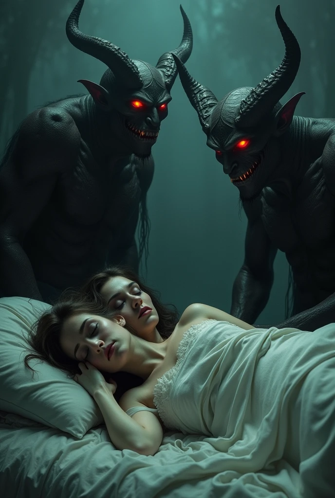 Couple sleeping and demon woman and man watching them