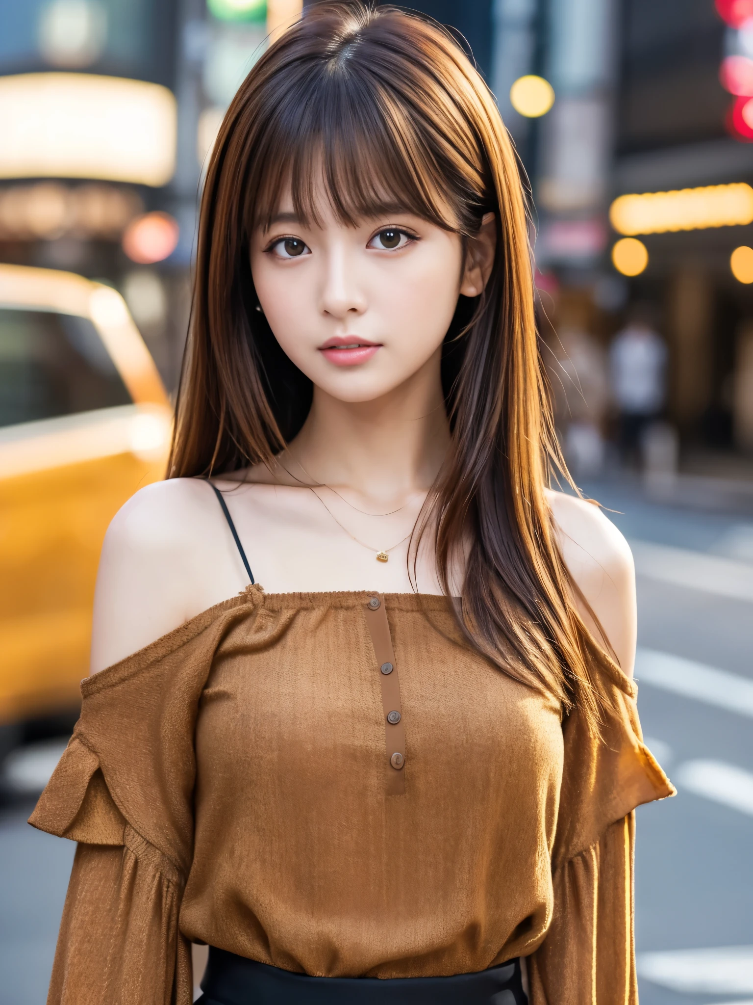 Ultra-high resolution, Superior Quality, Highest quality, Super detailed, Realistic, 8k, RAW Photos, Highest quality, masterpiece, attractive, wonderful, Brown Hair, Shoulder-length layered, Asymmetrical bangs, Japanese Idols, Sophisticated, stylish, blouse,Shibuya Ward, 