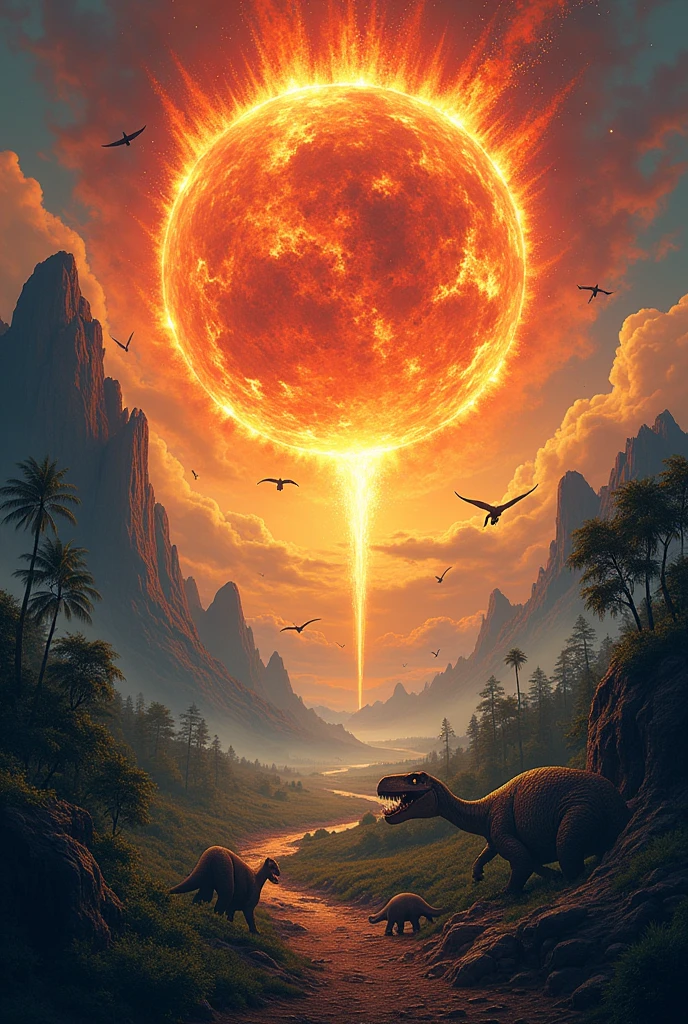 Recreate the dinosaur apocalypse using Sauron from The Lord of the Rings as the meteor..
create a simple vector illustration type image