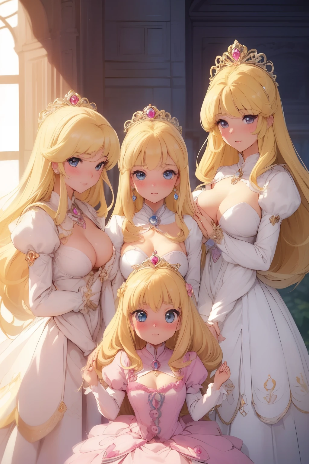 Highest quality, Great quality, 16K,Very detailed, (((Three blonde princesses of elegance and intelligence,))) ((pretty cure eyes, Rich Princess Hairstyle, ))、((Accurate anatomy))、、((((Blushing))))、、、((((Saggy breasts))))、))))、(()、(())(((Hold your palms out in front of you))))