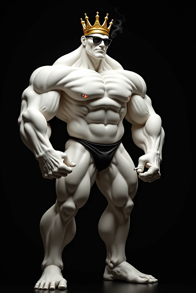 Create a white 100 ,with very large white muscles in the arms ,muscle skeleton with a golden crown smoking a lit cigarette and wearing black glasses , Against a black background (100%), I want it to be very muscular
