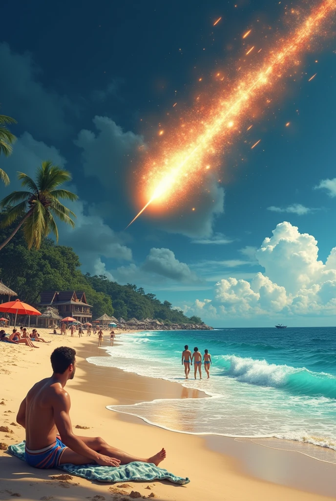 A beach scene with a darkening sky as a meteor approaches. The calm and sunny beach with people swimming, sunbathing, and chatting gradually becomes chaotic as the meteor grows into a bright fireball. The scene should capture the transition from peace to panic, with the beach becoming increasingly empty as people flee from the impending disaster. The focus is on the dramatic change in the sky and the growing sense of danger.