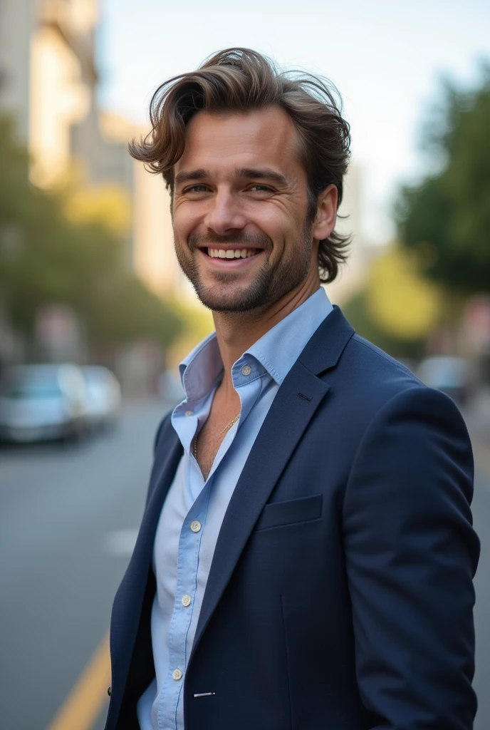A young handsome american man, well dressed, little smile on face, looking in camera, on road