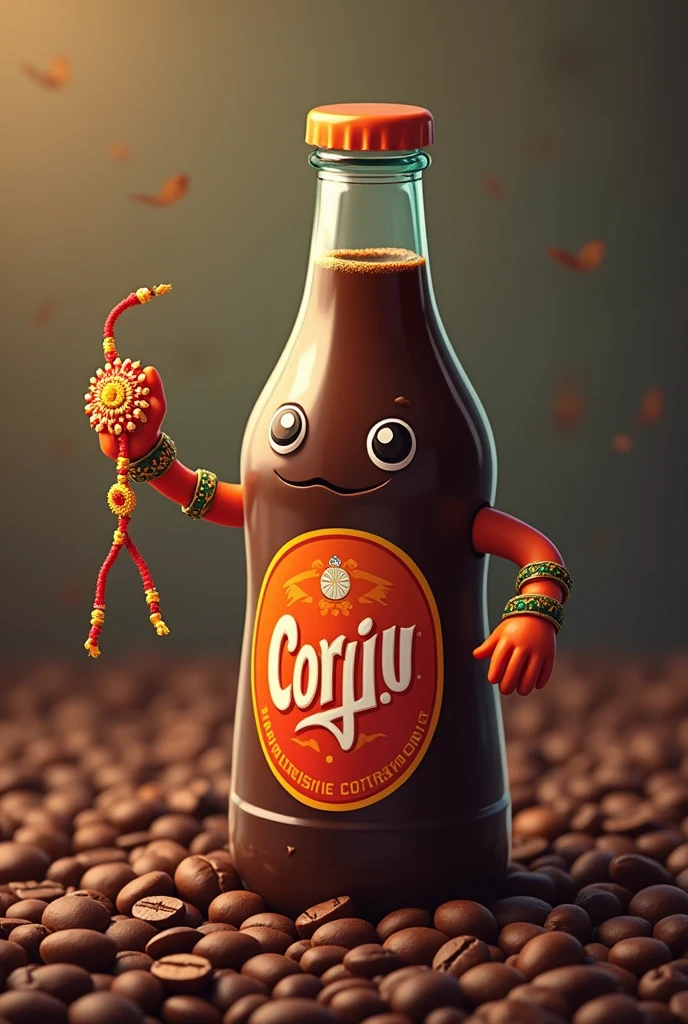 A coffee bottle named Tsunami holding a rakhi on  rakshabandhan  At cooffee beans 