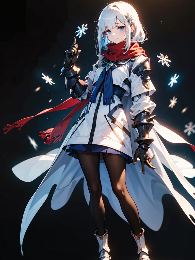 Black background with spotlight, Snowflakes flutter,Wearing a red scarf, White jacket,Medium hair, Blue and white hair,blue eyes,(mechanized hand++, Unusually huge gauntlet++)