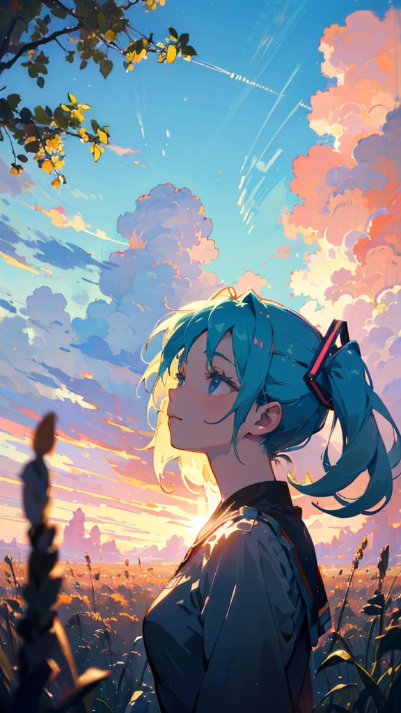 (masterpiece,best quality:1.4), high resolution,super fine illustration, detailed skin, detailed face, detailed eyes,”Describe a serene scene of Hatsune Miku gazing up at the sky at dawn, with soft rays of sunlight filtering through the clouds. The atmosphere is calm and peaceful, with a gentle breeze rustling through the trees. Hatsune Miku's hair and dress flow gracefully in the wind, and there is a sense of tranquility and hope in her expression."