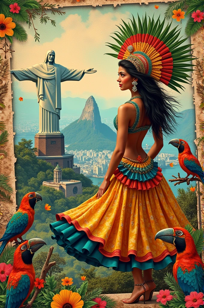 Elements of Brazilian culture distributed in old travel stamps, Creating a mosaic with Brazilian characteristics.