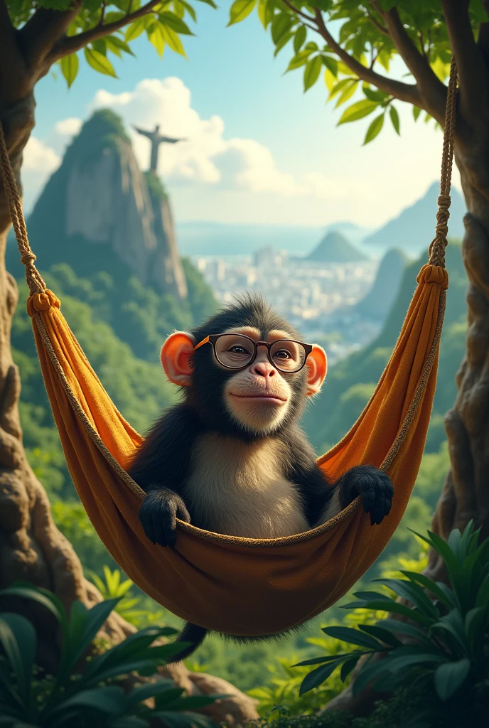 A monkey with a sly look wearing Juliet glasses , lying in a hammock in a tree in the middle of the rainforest, with a view of the Sugarloaf Mountain and Christ the Redeemer in the background