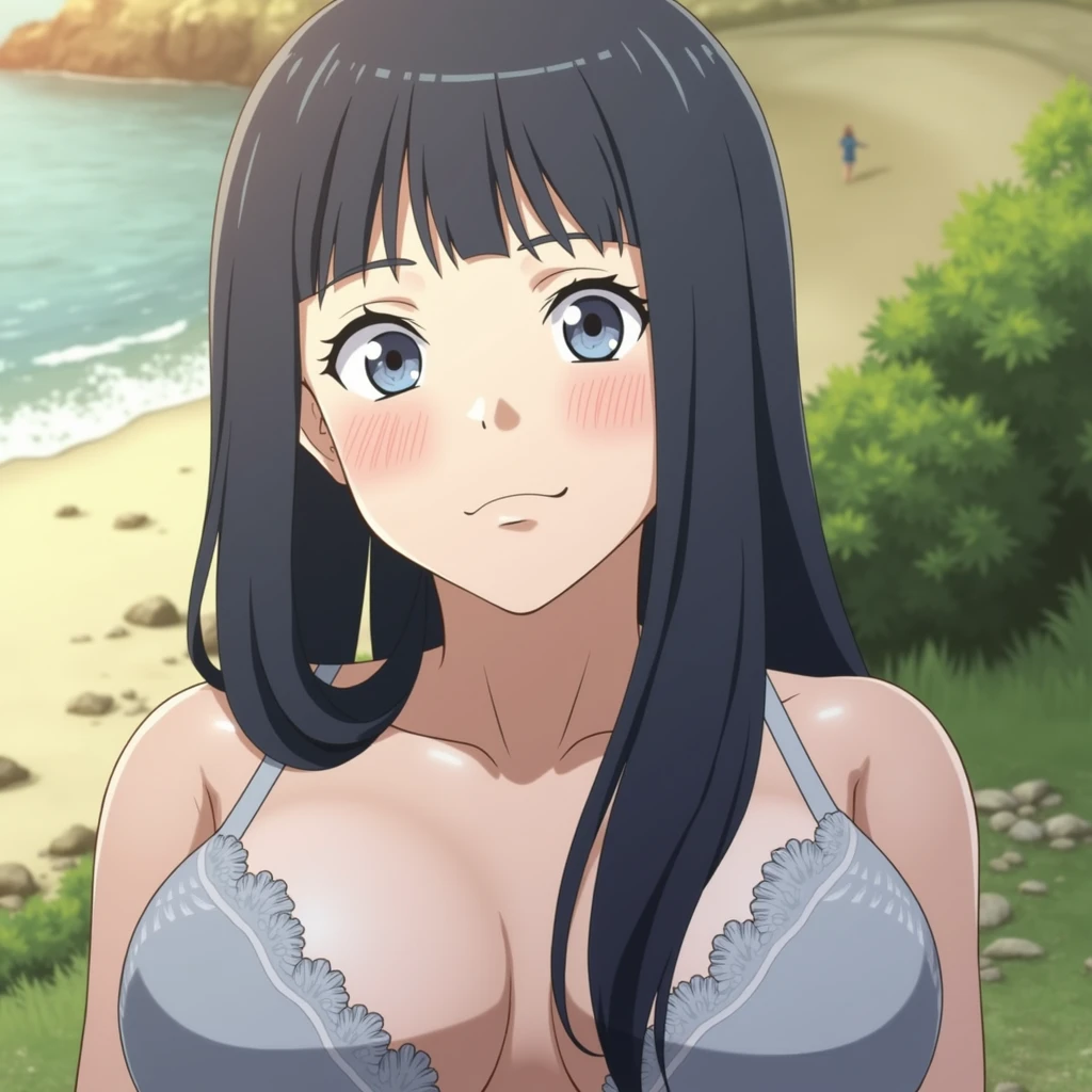 hinata hyuga, big boobs, bikini, at the beach, full body.