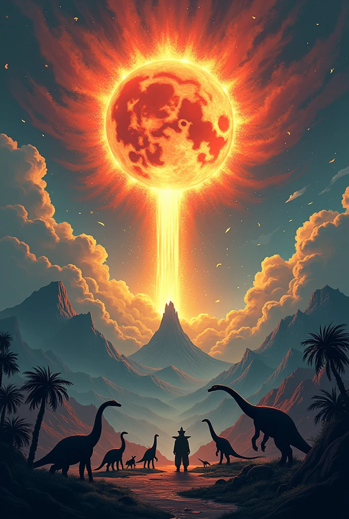 Recreate the dinosaur apocalypse using Sauron from The Lord of the Rings as the meteor..
create a simple vector illustration type image