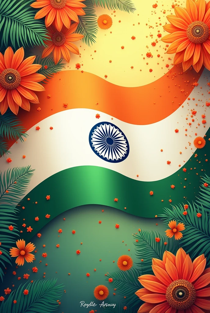 Create an image celebrating Indian Independence Day. Include vibrant decorations, such as the Indian flag and traditional elements, with the text 'Happy Independence Day' prominently displayed. At the bottom or in a corner, add 'Rajde Agency' in a clear, stylish font