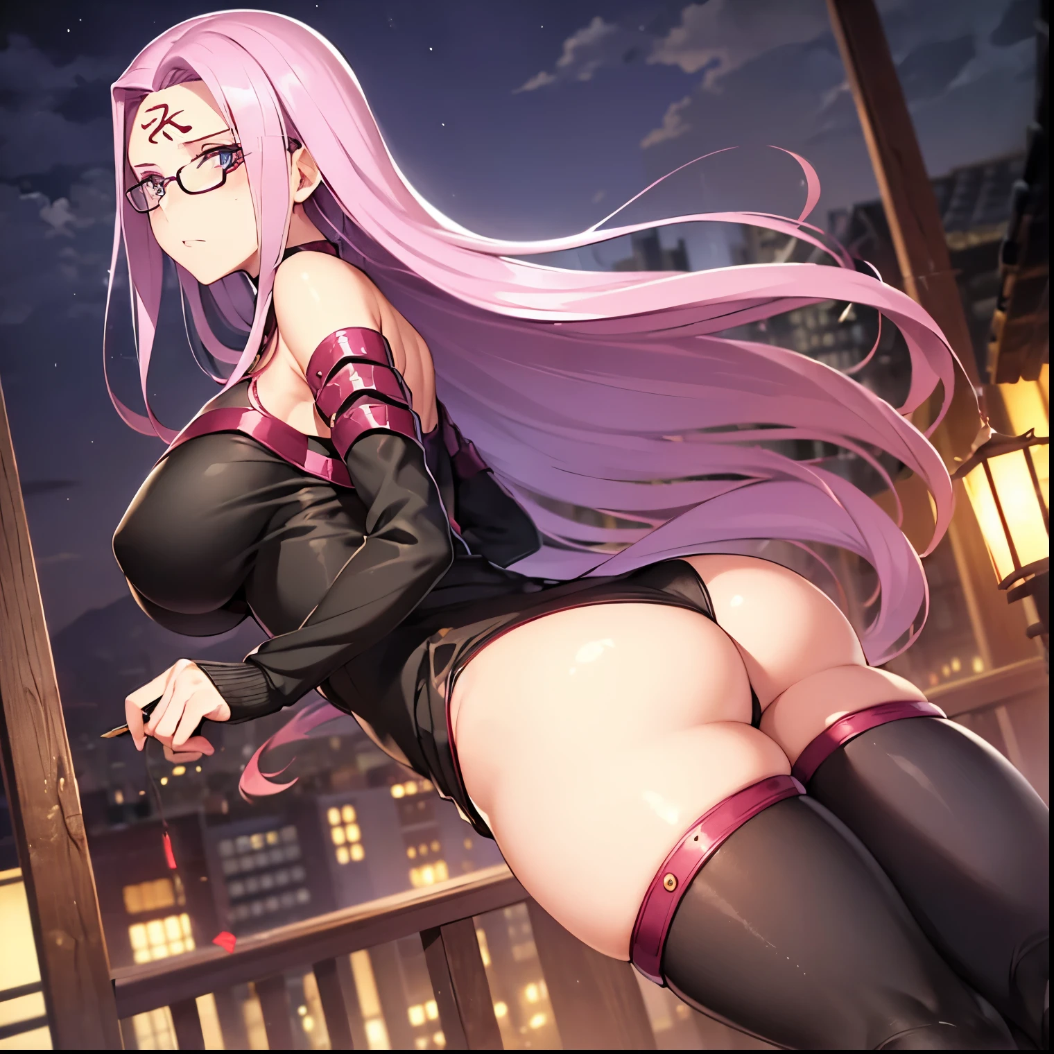 ((1girl)),((alone)), medusa (rider),(masterpiece), (best quality), (ultra detailed), (best illustration), (best shadow), (absurdities), sharp focus, shot cowboy, atmospheric perspective, depth of field, dynamic posture looking at the viewer, large breasts, narrow waist, wide hips, wide thighs, round butt, erotic, romantic, (detailed eyes, lips 1.1), highly detailed eyes, eyes, Face very detailed, Very beautiful face, Symmetrical face, Aesthetic face, perfect face, perfect eyes, detailed eyelashes: 1.5), full height, beautiful slim figure, femininity, expressive appearance, elastic big breasts, sexuality, long hair, bright pink hair, very long hair, floating hair, extravagant hair, hair in the wind, gale, wind rising: 1.4), (silk ribbon in front, thin fabric: 1.3), earrings, filigree, glasses, (black wool sweater: 1.2 ), tight sweater,denim jeans, skinny jeans, jewelry, bare shoulders, simple choker: 1.1), mark on forehead, pink|purple hair, pink decorations,), curves, defined body, Perfect and beautiful body, perfect and beautiful, closed mouth, neutral expression, serious face, blushing, (sexy pose: 1.2), ((solo)), standing: 1.3, (Japanese style metropolis, exterior, light reflection, cityscape, cloudy sky, clouds, night ,city lights)),looking back,from behind,((focus on ass)), point of view:(from below), perfect anatomy, perfect hands