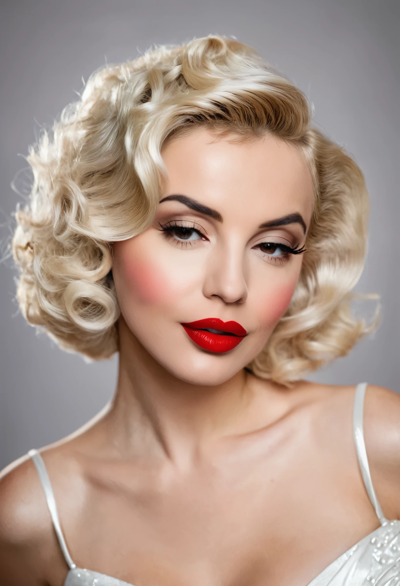 arafed woman with short hair and red lipstick posing for a picture, ekaterina, profile image, red lips, professional picture, 30 years old woman, angie wolf, photo of jessica devic, professional profile picture, elegant dress like marylin monroe, with breast, moleksandra shchaslyva, with WAVY BLONDE hair