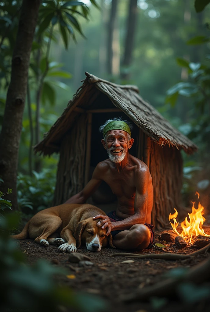 ( photo realism 1.2) photo realistic high detailed old native male smile sitting on simple  jungle hut with dog sleeping under the hut  morning mode with campfire cinematic Malaysia forest cinematic view  some effect dark mode night no shirt leaves craft on head