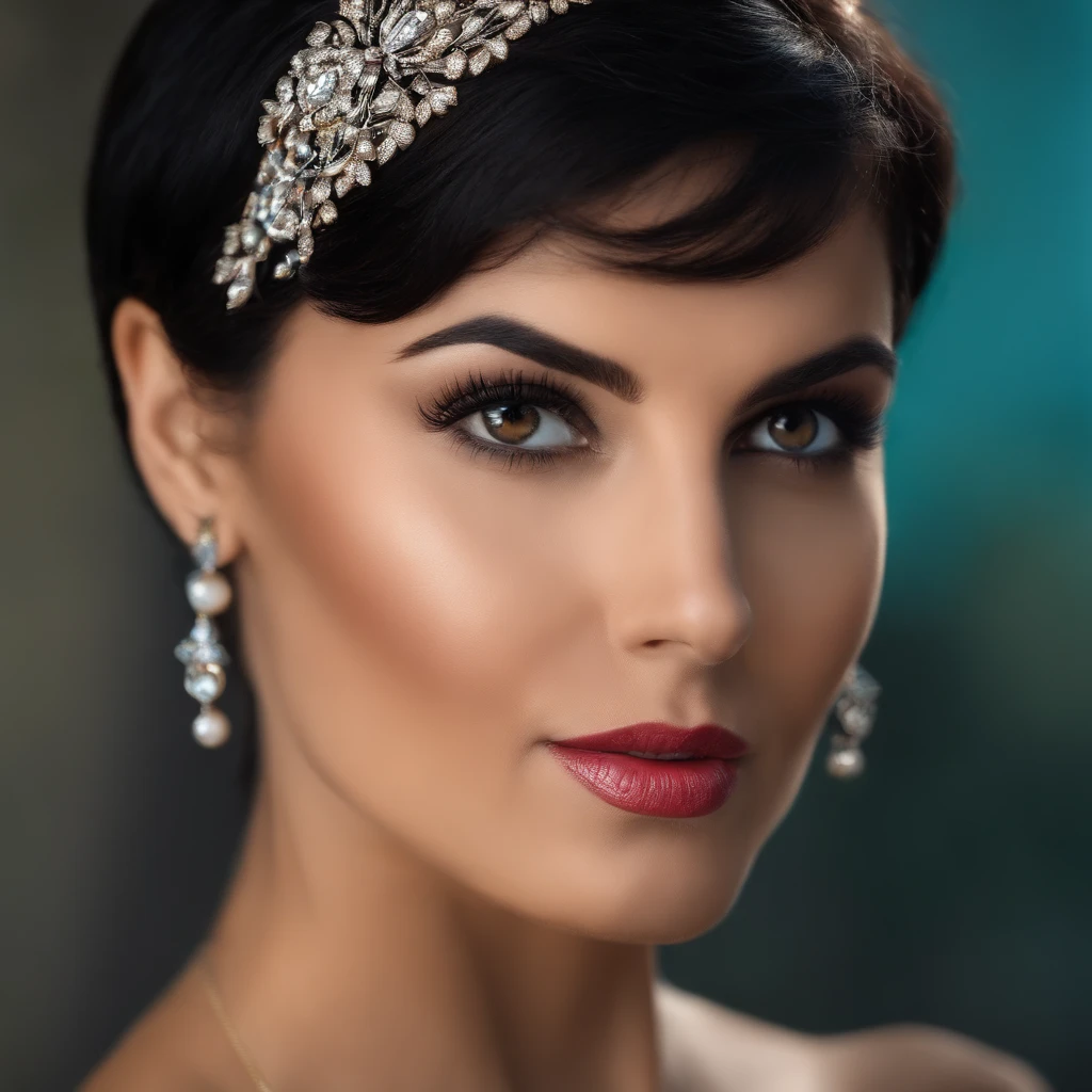 Bust photo of an athletic brunette woman, very short black hair, light and cheerful thin face, black eyes, thin lips and thin nose.